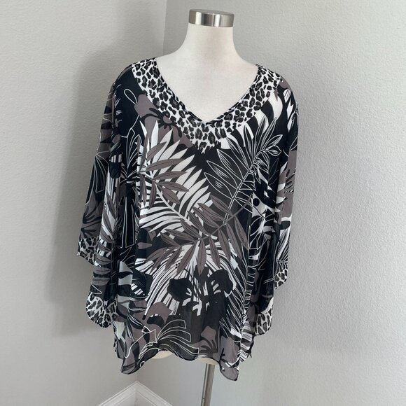 Kim Gravel Belle Womens Plus 2X Poncho Black Gray Jungle Leopard Tunic Top - Picture 1 of 10